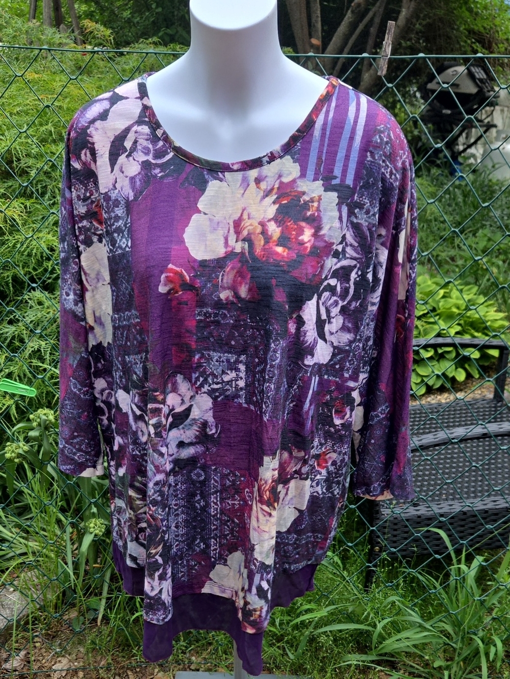 CJ Banks Purple Floral Mixed-Print Tunic Top